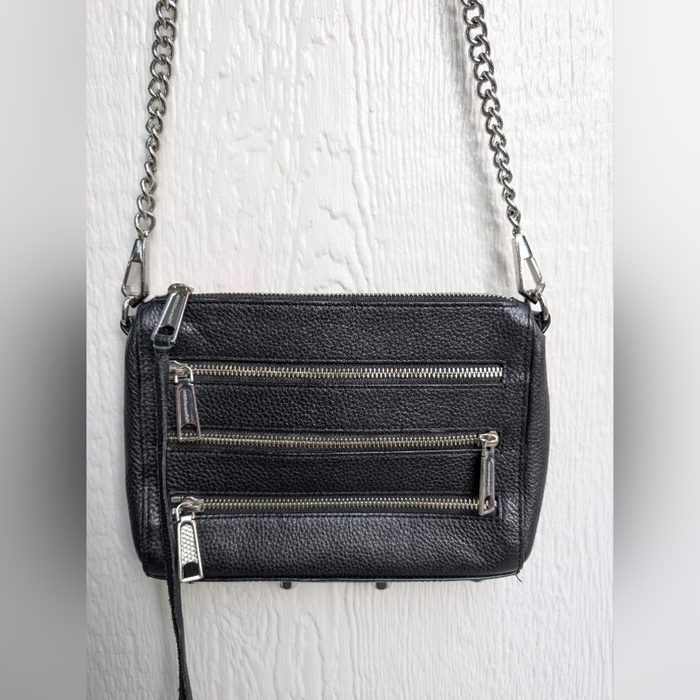 Rebecca Minkoff 4 Zip Moto Black Leather Chain Crossbody Handbag Purse